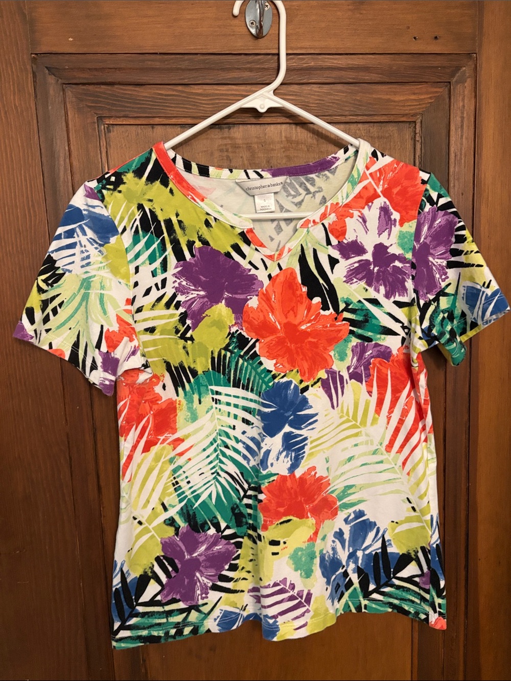 Christopher & Banks Vibrant Tropical Floral V-Neck Tee - White Base